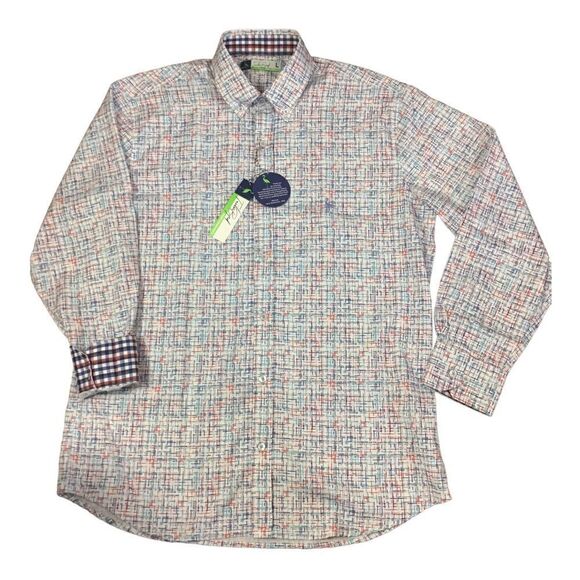 Tailorbyrd Performance Red & Blue Hash Mark Print Ling Sleeve Flip Cuff Shirt - Picture 2 of 9